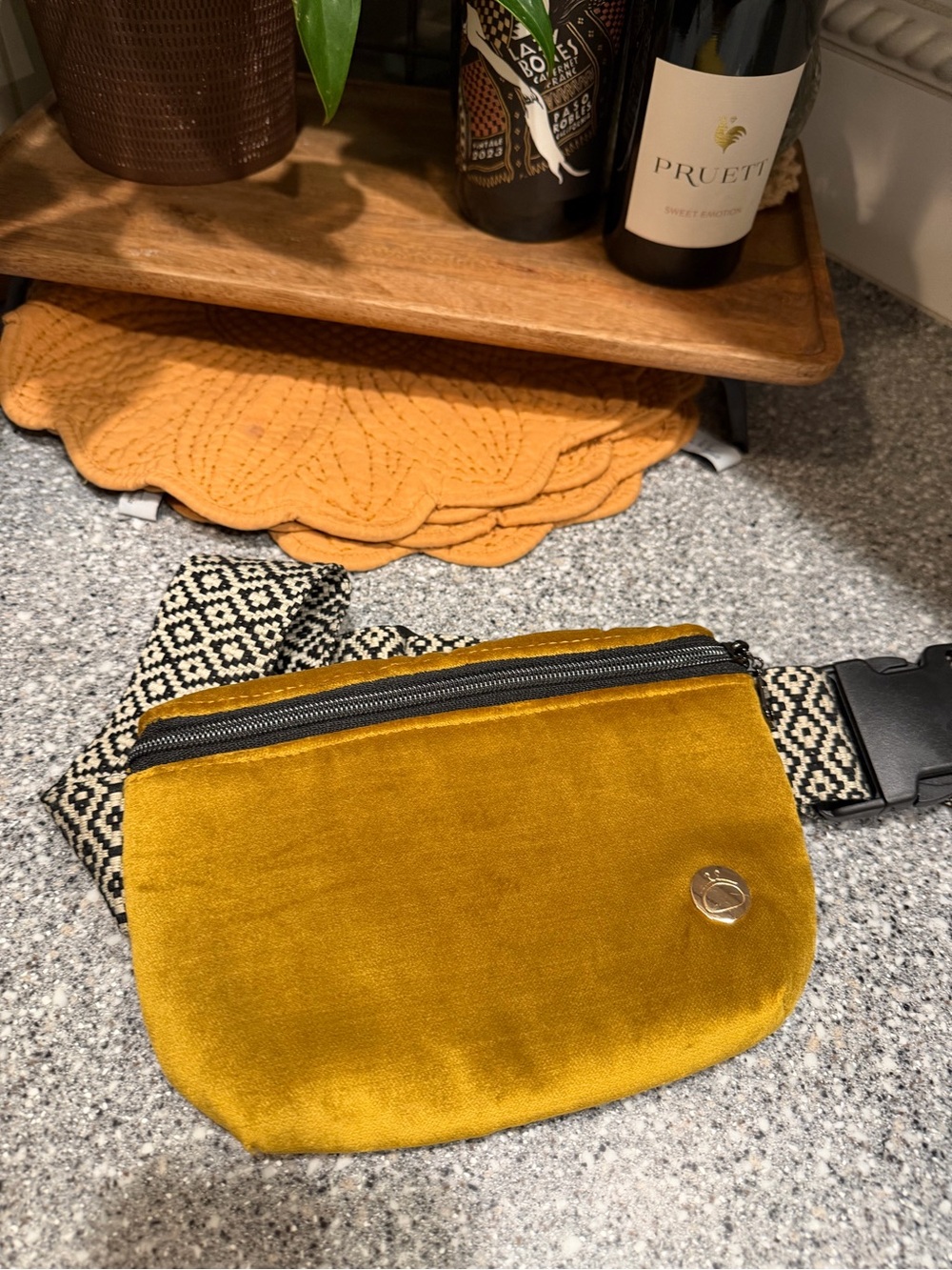 Mustard Velvet Belt Fanny Bag with Patterned Strap NWT